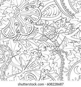 Tracery seamless pattern. Mehndi design. Ethnic monochrome binary doodle texture. Curved doodling black and white background. Vector
