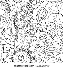 Tracery seamless pattern. Mehndi design. Ethnic monochrome binary doodle texture. Curved doodling black and white background. Vector