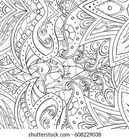 Tracery seamless pattern. Mehndi design. Ethnic monochrome binary doodle texture. Curved doodling black and white background. Vector