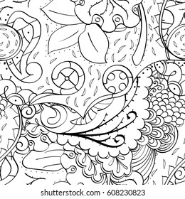 Tracery seamless pattern. Mehndi design. Ethnic monochrome binary doodle texture. Curved doodling black and white background. Vector