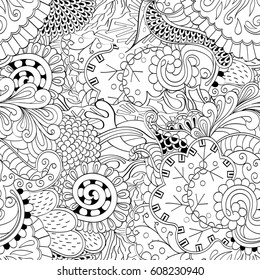 Tracery seamless pattern. Mehndi design. Ethnic monochrome binary doodle texture. Curved doodling black and white background. Vector