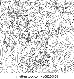Tracery seamless pattern. Mehndi design. Ethnic monochrome binary doodle texture. Curved doodling black and white background. Vector