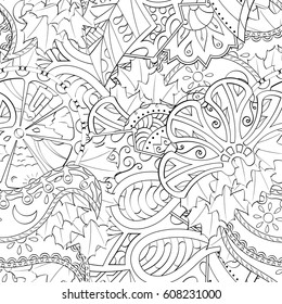 Tracery seamless pattern. Mehndi design. Ethnic monochrome binary doodle texture. Curved doodling black and white background. Vector