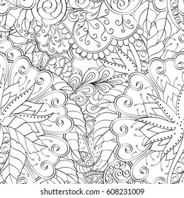 Tracery seamless pattern. Mehndi design. Ethnic monochrome binary doodle texture. Curved doodling black and white background. Vector
