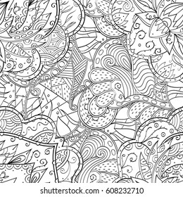 Tracery seamless pattern. Mehndi design. Ethnic monochrome binary doodle texture. Curved doodling black and white background. Vector