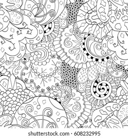 Tracery seamless pattern. Mehndi design. Ethnic monochrome binary doodle texture. Curved doodling black and white background. Vector