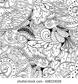 Tracery seamless pattern. Mehndi design. Ethnic monochrome binary doodle texture. Curved doodling black and white background. Vector