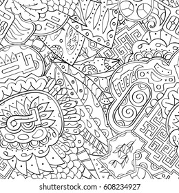 Tracery seamless pattern. Mehndi design. Ethnic monochrome binary doodle texture. Curved doodling black and white background. Vector