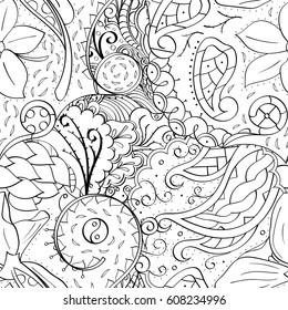 Tracery seamless pattern. Mehndi design. Ethnic monochrome binary doodle texture. Curved doodling black and white background. Vector