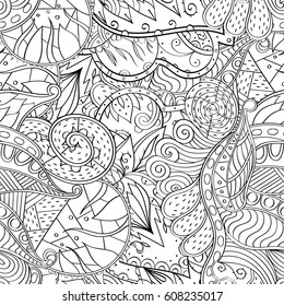 Tracery seamless pattern. Mehndi design. Ethnic monochrome binary doodle texture. Curved doodling black and white background. Vector