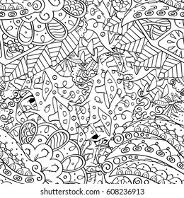 Tracery seamless pattern. Mehndi design. Ethnic monochrome binary doodle texture. Curved doodling black and white background. Vector