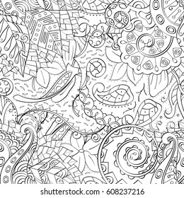 Tracery seamless pattern. Mehndi design. Ethnic monochrome binary doodle texture. Curved doodling black and white background. Vector