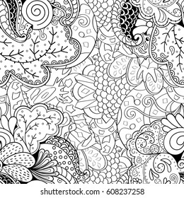Tracery seamless pattern. Mehndi design. Ethnic monochrome binary doodle texture. Curved doodling black and white background. Vector