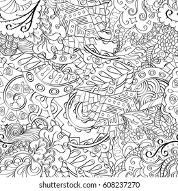 Tracery seamless pattern. Mehndi design. Ethnic monochrome binary doodle texture. Curved doodling black and white background. Vector