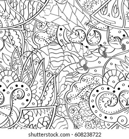 Tracery seamless pattern. Mehndi design. Ethnic monochrome binary doodle texture. Curved doodling black and white background. Vector