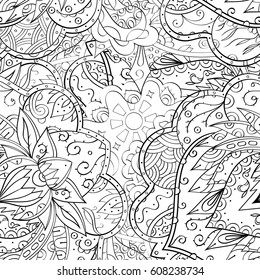 Tracery seamless pattern. Mehndi design. Ethnic monochrome binary doodle texture. Curved doodling black and white background. Vector