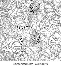 Tracery seamless pattern. Mehndi design. Ethnic monochrome binary doodle texture. Curved doodling black and white background. Vector