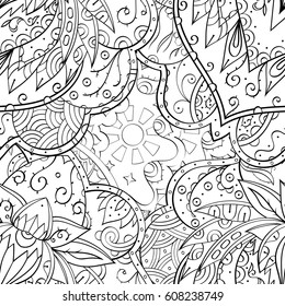 Tracery seamless pattern. Mehndi design. Ethnic monochrome binary doodle texture. Curved doodling black and white background. Vector