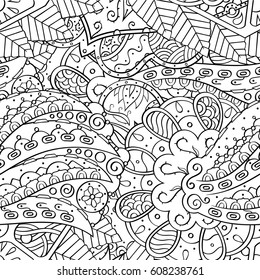 Tracery seamless pattern. Mehndi design. Ethnic monochrome binary doodle texture. Curved doodling black and white background. Vector