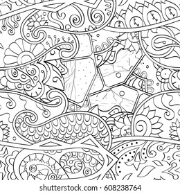 Tracery seamless pattern. Mehndi design. Ethnic monochrome binary doodle texture. Curved doodling black and white background. Vector