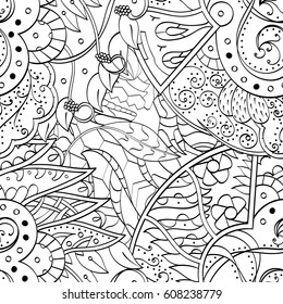 Tracery seamless pattern. Mehndi design. Ethnic monochrome binary doodle texture. Curved doodling black and white background. Vector