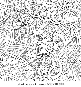 Tracery seamless pattern. Mehndi design. Ethnic monochrome binary doodle texture. Curved doodling black and white background. Vector