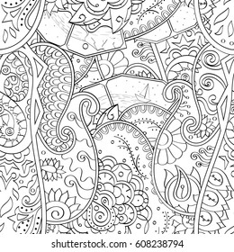Tracery seamless pattern. Mehndi design. Ethnic monochrome binary doodle texture. Curved doodling black and white background. Vector