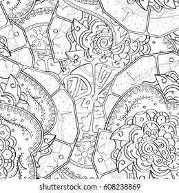 Tracery seamless pattern. Mehndi design. Ethnic monochrome binary doodle texture. Curved doodling black and white background. Vector