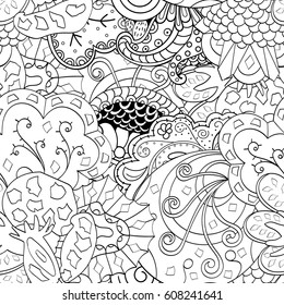 Tracery seamless pattern. Mehndi design. Ethnic monochrome binary doodle texture. Curved doodling black and white background. Vector