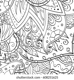 Tracery seamless pattern. Mehndi design. Ethnic monochrome binary doodle texture. Curved doodling black and white background. Vector