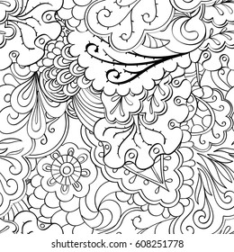 Tracery seamless pattern. Mehndi design. Ethnic monochrome binary doodle texture. Curved doodling black and white background. Vector