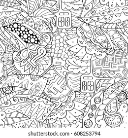 Tracery seamless pattern. Mehndi design. Ethnic monochrome binary doodle texture. Curved doodling black and white background. Vector