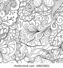 Tracery seamless pattern. Mehndi design. Ethnic monochrome binary doodle texture. Curved doodling black and white background. Vector