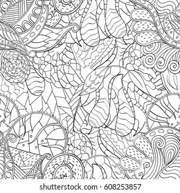 Tracery seamless pattern. Mehndi design. Ethnic monochrome binary doodle texture. Curved doodling black and white background. Vector