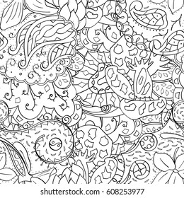 Tracery seamless pattern. Mehndi design. Ethnic monochrome binary doodle texture. Curved doodling black and white background. Vector
