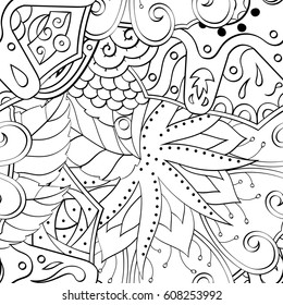 Tracery seamless pattern. Mehndi design. Ethnic monochrome binary doodle texture. Curved doodling black and white background. Vector