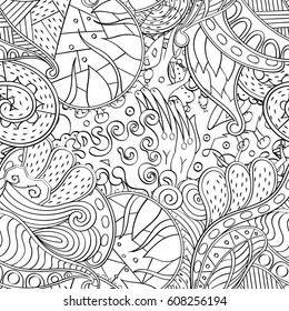 Tracery seamless pattern. Mehndi design. Ethnic monochrome binary doodle texture. Curved doodling black and white background. Vector