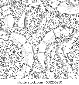 Tracery seamless pattern. Mehndi design. Ethnic monochrome binary doodle texture. Curved doodling black and white background. Vector
