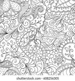 Tracery seamless pattern. Mehndi design. Ethnic monochrome binary doodle texture. Curved doodling black and white background. Vector