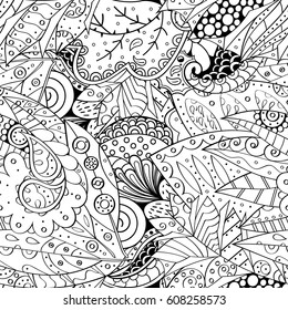 Tracery seamless pattern. Mehndi design. Ethnic monochrome binary doodle texture. Curved doodling black and white background. Vector