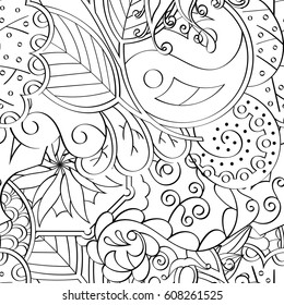 Tracery seamless pattern. Mehndi design. Ethnic monochrome binary doodle texture. Curved doodling black and white background. Vector