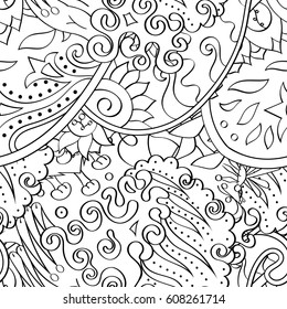 Tracery seamless pattern. Mehndi design. Ethnic monochrome binary doodle texture. Curved doodling black and white background. Vector