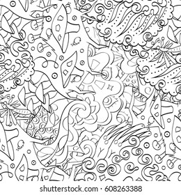 Tracery seamless pattern. Mehndi design. Ethnic monochrome binary doodle texture. Curved doodling black and white background. Vector