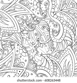 Tracery seamless pattern. Mehndi design. Ethnic monochrome binary doodle texture. Curved doodling black and white background. Vector