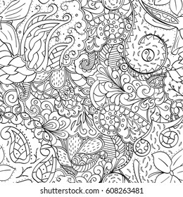 Tracery seamless pattern. Mehndi design. Ethnic monochrome binary doodle texture. Curved doodling black and white background. Vector
