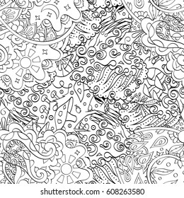 Tracery seamless pattern. Mehndi design. Ethnic monochrome binary doodle texture. Curved doodling black and white background. Vector