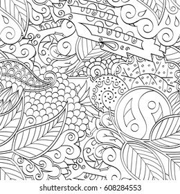 Tracery seamless pattern. Mehndi design. Ethnic monochrome binary doodle texture. Curved doodling black and white background. Vector
