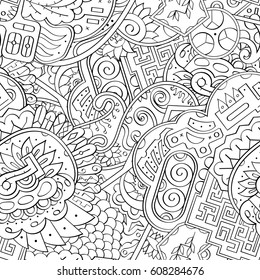 Tracery seamless pattern. Mehndi design. Ethnic monochrome binary doodle texture. Curved doodling black and white background. Vector