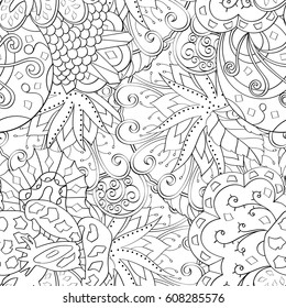 Tracery seamless pattern. Mehndi design. Ethnic monochrome binary doodle texture. Curved doodling black and white background. Vector
