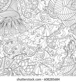 Tracery seamless pattern. Mehndi design. Ethnic monochrome binary doodle texture. Curved doodling black and white background. Vector